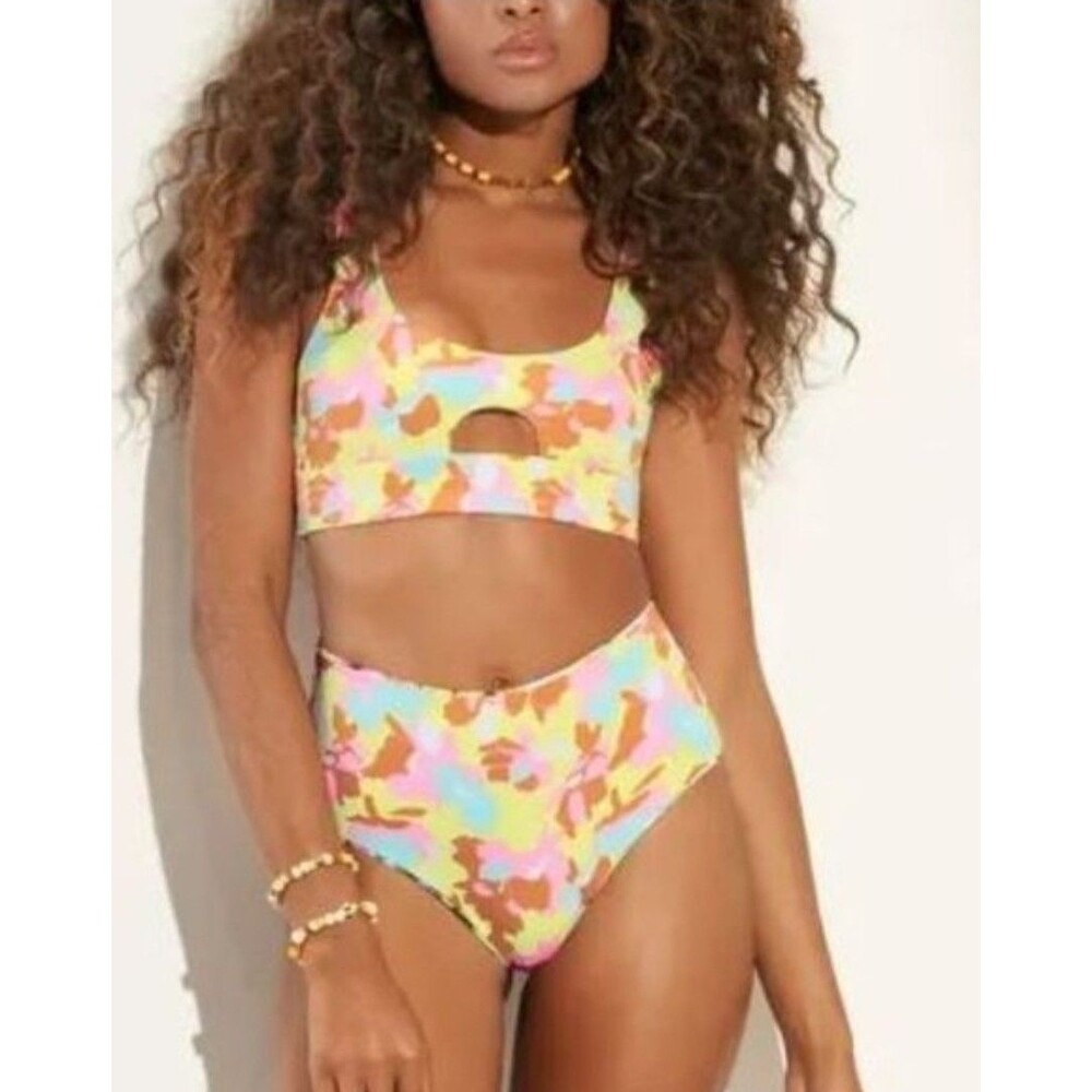Maaji Pink Floral Reversible Bikini Set XS/S Swim Beach Keyhole Cut Out Waffle